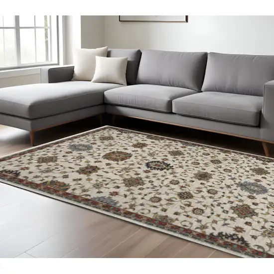 Beige Rust Red Blue Gold And Grey Oriental Power Loom Stain Resistant Area Rug With Fringe Photo 1