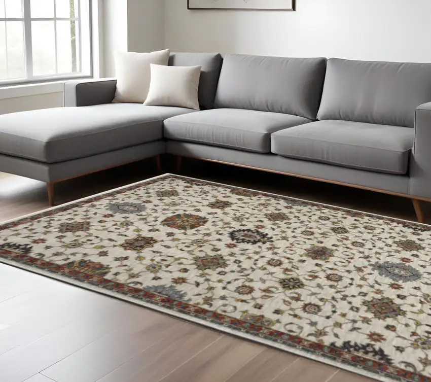 Beige Rust Red Blue Gold And Grey Oriental Power Loom Stain Resistant Area Rug With Fringe Photo 1