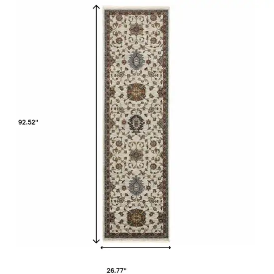 2' X 8' Beige Rust Red Blue Gold And Grey Oriental Power Loom Stain Resistant Runner Rug With Fringe Photo 3