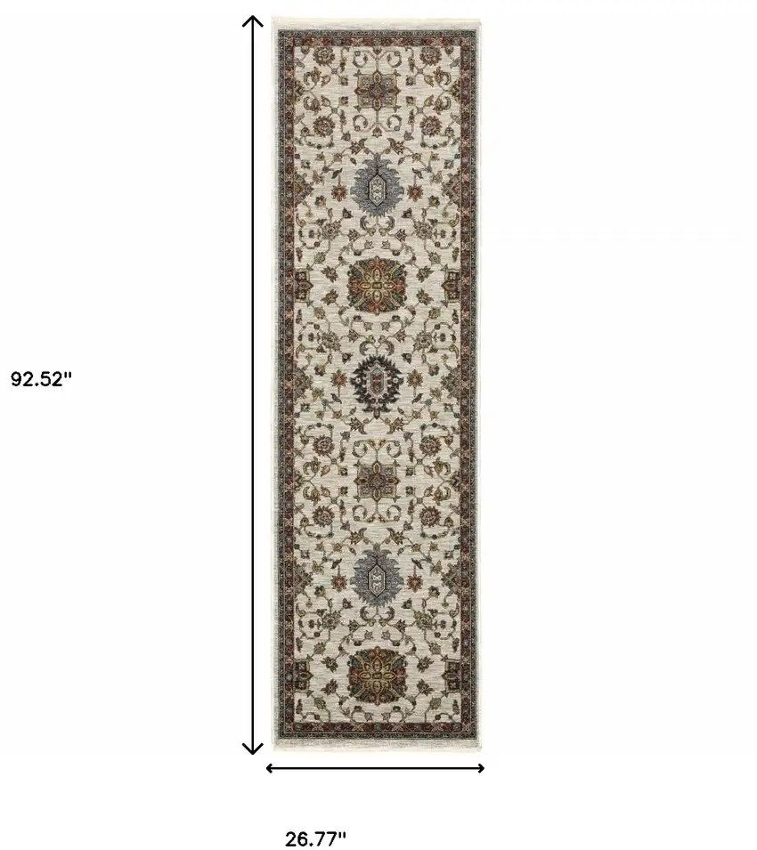 2' X 8' Beige Rust Red Blue Gold And Grey Oriental Power Loom Stain Resistant Runner Rug With Fringe Photo 3