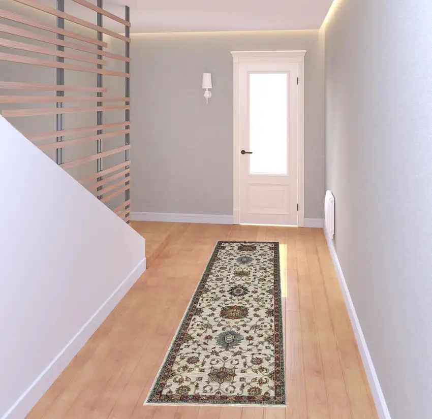Beige Rust Red Blue Gold And Grey Oriental Power Loom Stain Resistant Runner Rug With Fringe Photo 3