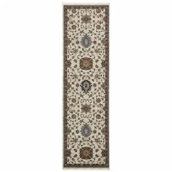 Beige Rust Red Blue Gold And Grey Oriental Power Loom Stain Resistant Runner Rug With Fringe Photo 1