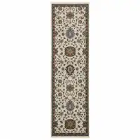 Photo of Beige Rust Red Blue Gold And Grey Oriental Power Loom Stain Resistant Runner Rug With Fringe