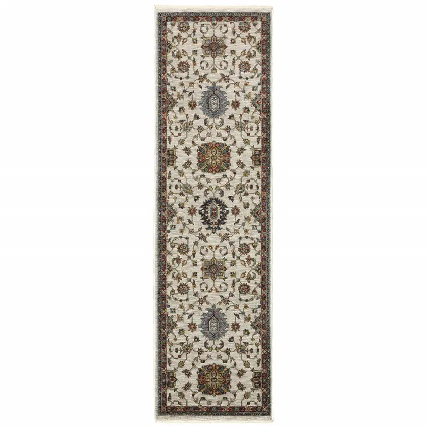 Beige Rust Red Blue Gold And Grey Oriental Power Loom Stain Resistant Runner Rug With Fringe Photo 1
