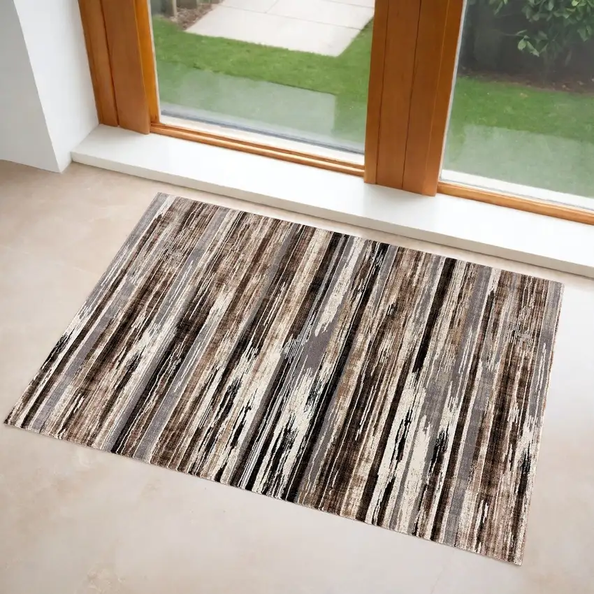 Beige Striped Power Loom Area Rug Photo 2