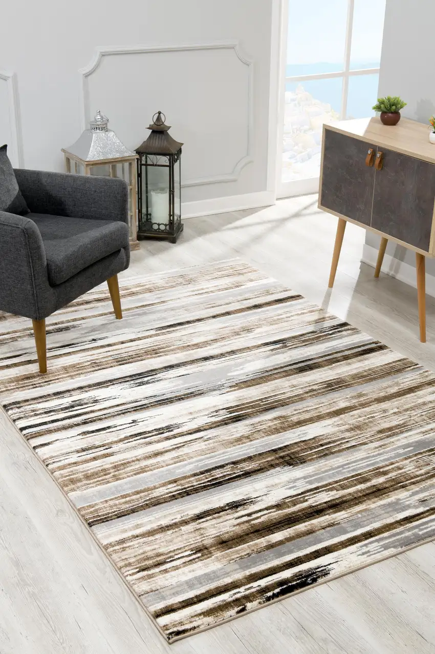 Beige Striped Dhurrie Area Rug Photo 6