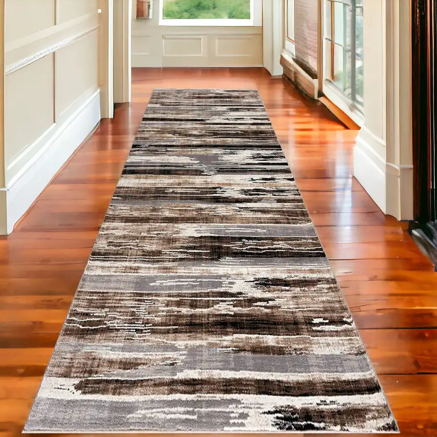 Beige Striped Dhurrie Runner Rug Photo 1