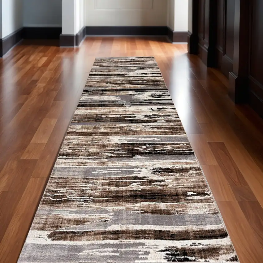 15' Beige Striped Dhurrie Runner Rug Photo 1