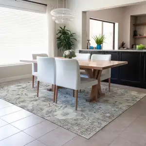 Photo of Beige Sage And Brown Floral Washable Indoor Outdoor Area Rug