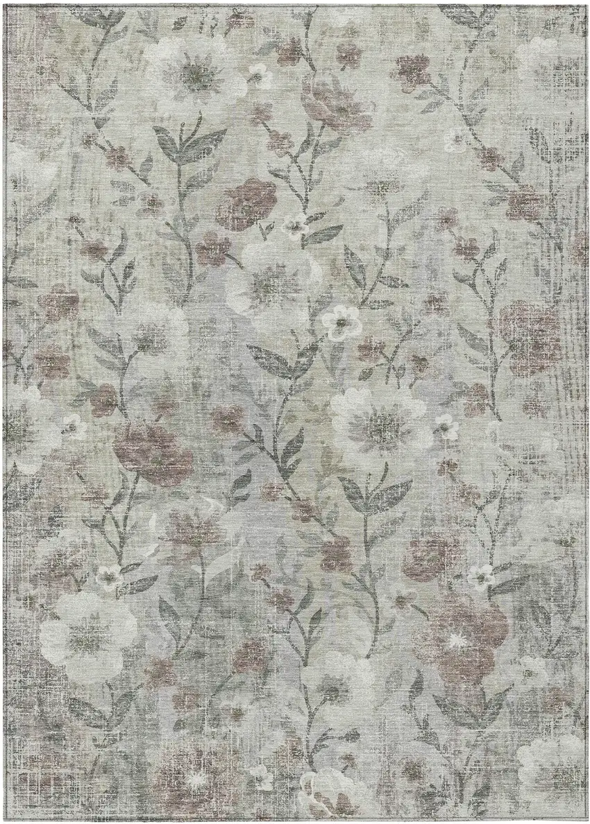 Beige Sage And Brown Floral Washable Indoor Outdoor Area Rug Photo 7