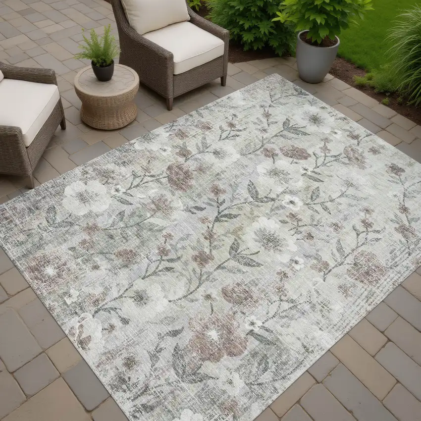 Beige Sage And Brown Floral Washable Indoor Outdoor Area Rug Photo 5