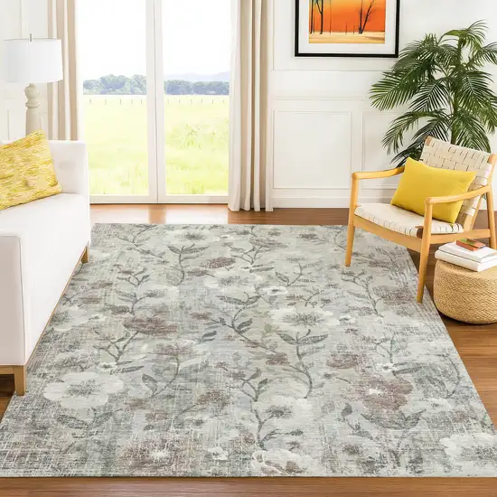 Beige Sage And Brown Floral Washable Indoor Outdoor Area Rug Photo 3
