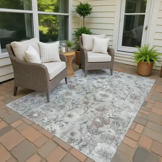 Beige Sage And Brown Floral Washable Indoor Outdoor Area Rug Photo 3