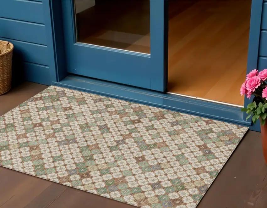 Beige Sage And Denim Blue Geometric Washable Indoor Outdoor Area Rug Photo 2