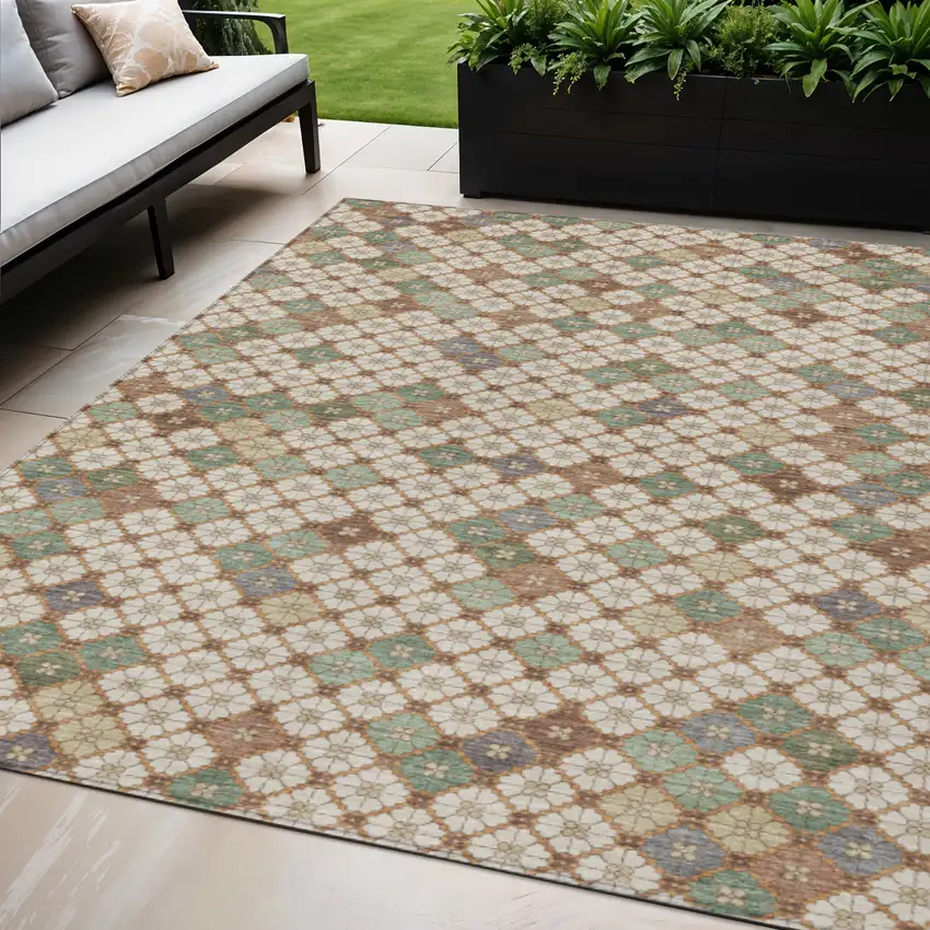 Beige Sage And Denim Blue Geometric Washable Indoor Outdoor Area Rug Photo 2