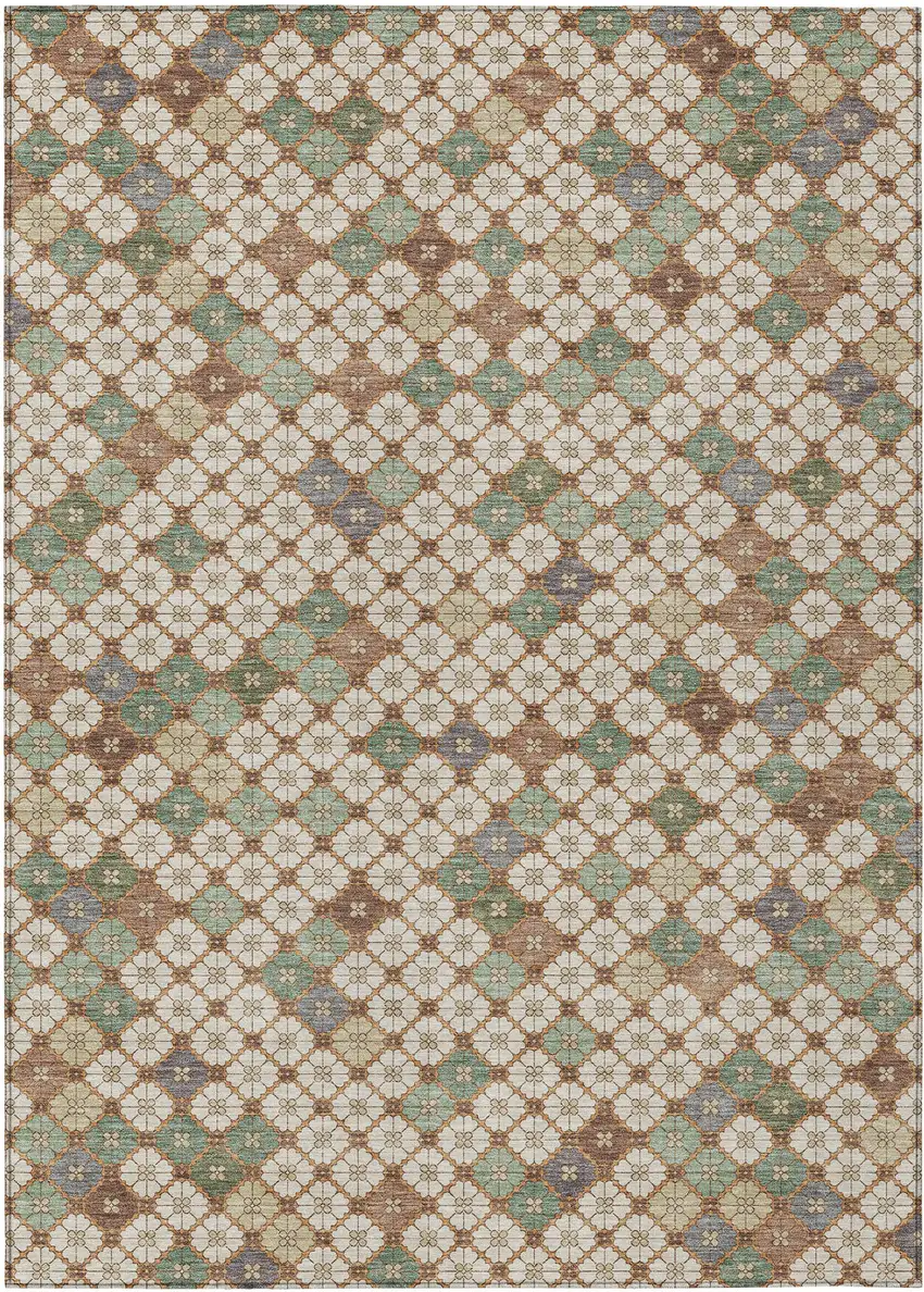 Beige Sage And Denim Blue Geometric Washable Indoor Outdoor Area Rug Photo 1