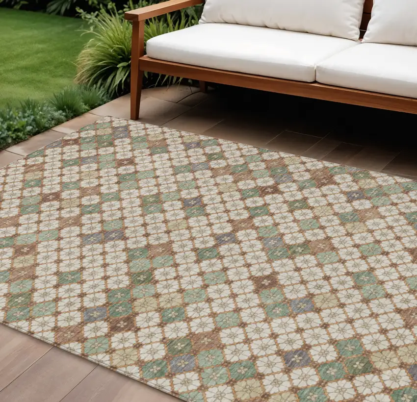 Beige Sage And Denim Blue Geometric Washable Indoor Outdoor Area Rug Photo 2