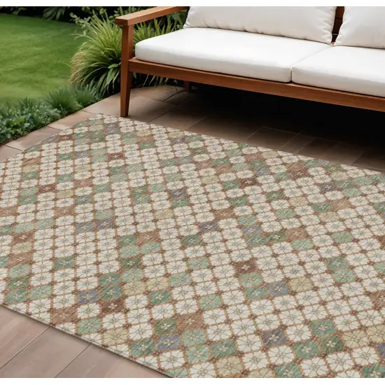Beige Sage And Denim Blue Geometric Washable Indoor Outdoor Area Rug Photo 2