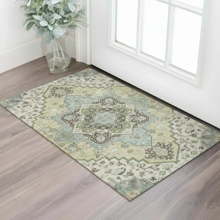 Beige Sage And Ivory Oriental Washable Area Rug With UV Protection Photo 2