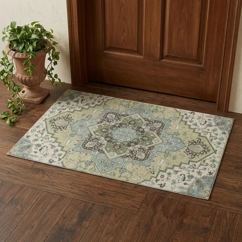 Beige Sage And Ivory Oriental Washable Area Rug With UV Protection Photo 1