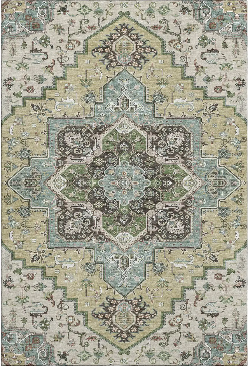 Beige Sage And Ivory Oriental Washable Area Rug With UV Protection Photo 1