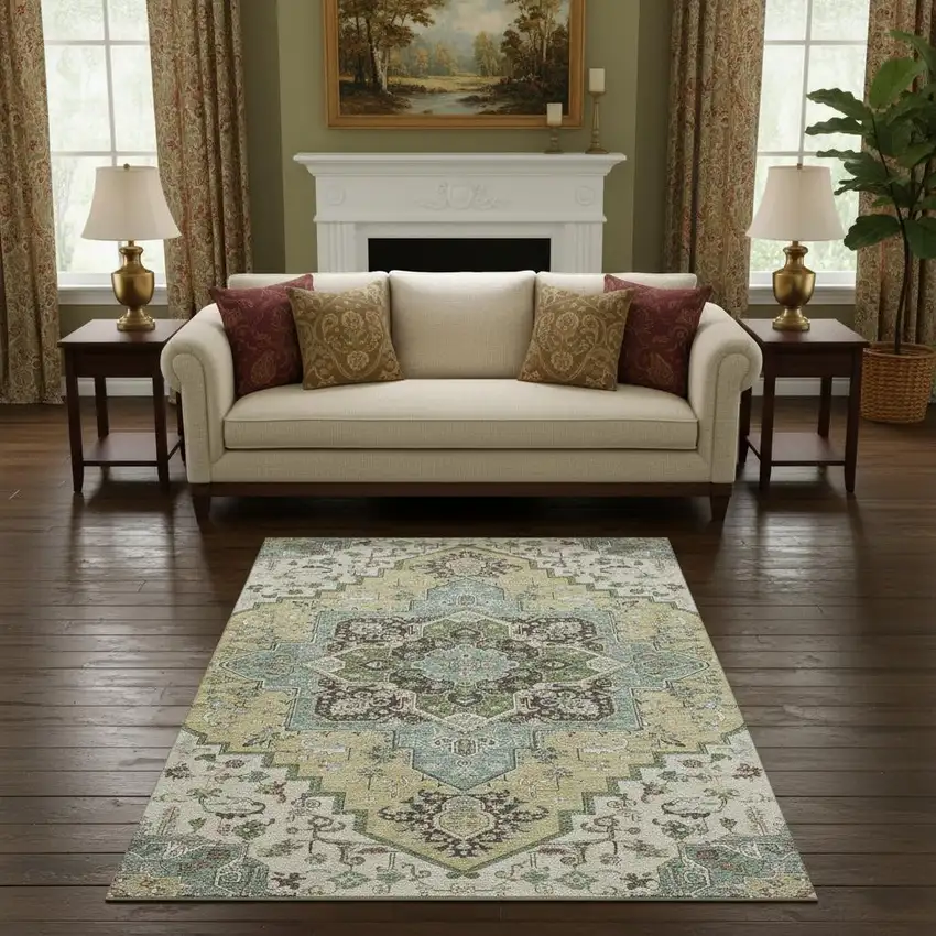 Beige Sage And Ivory Oriental Washable Area Rug With UV Protection Photo 2