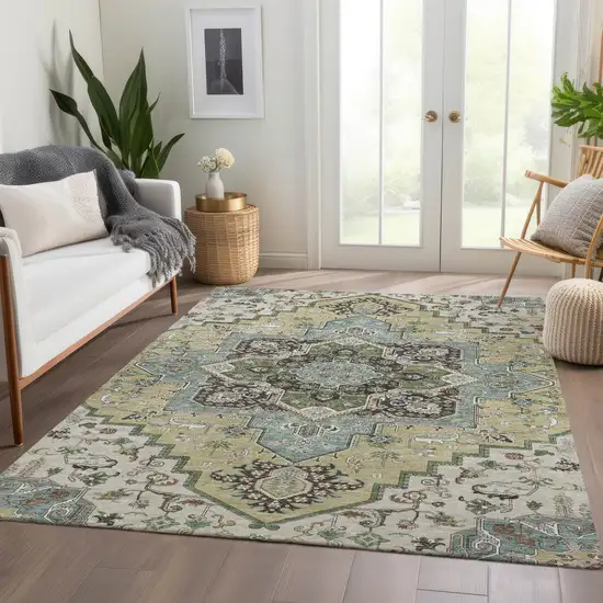 Beige Sage And Ivory Oriental Washable Area Rug With UV Protection Photo 5