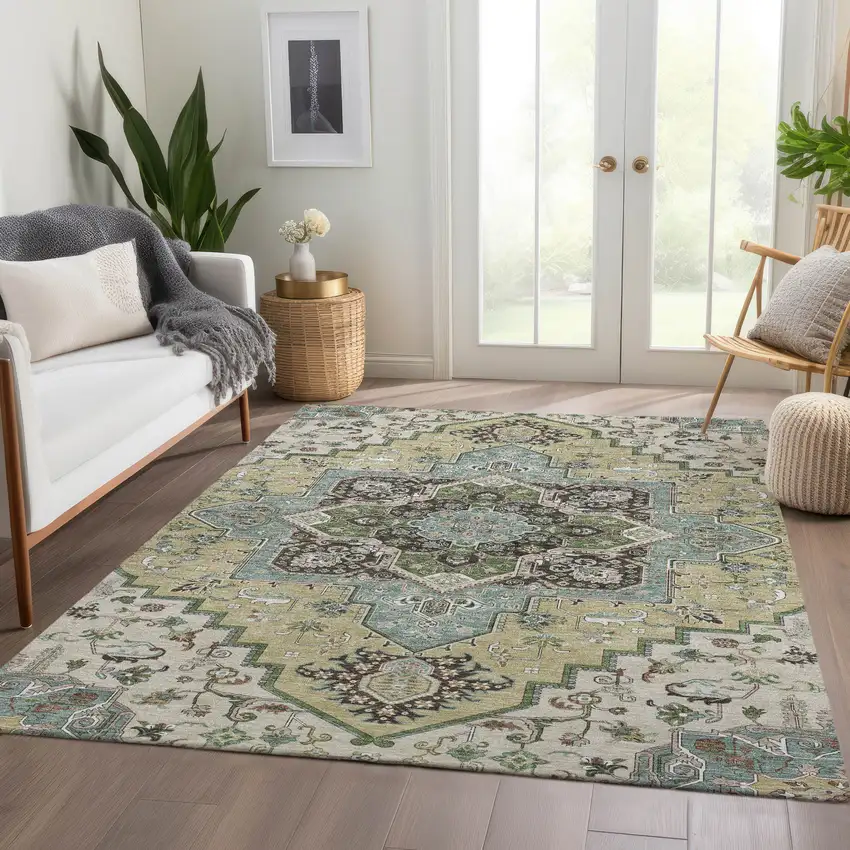 Beige Sage And Ivory Oriental Washable Area Rug With UV Protection Photo 5