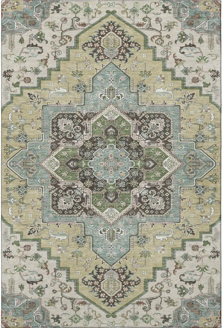 Beige Sage And Ivory Oriental Washable Area Rug With UV Protection Photo 3