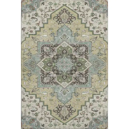 Beige Sage And Ivory Oriental Washable Area Rug With UV Protection Photo 1