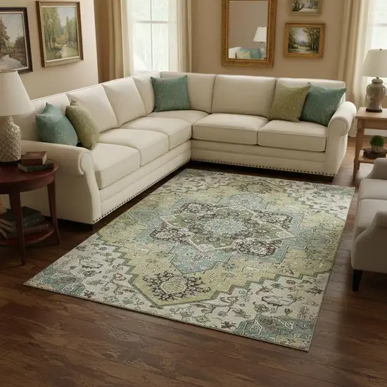Beige Sage And Ivory Oriental Washable Area Rug With UV Protection Photo 2