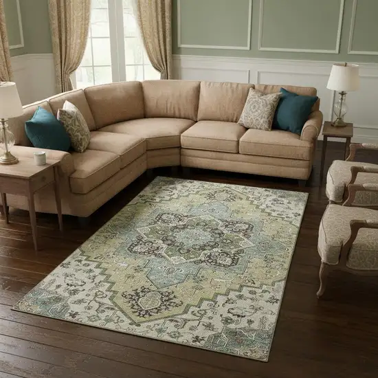 Beige Sage And Ivory Oriental Washable Area Rug With UV Protection Photo 2