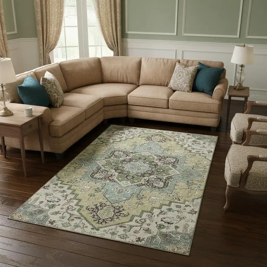 Beige Sage And Ivory Oriental Washable Area Rug With UV Protection Photo 2