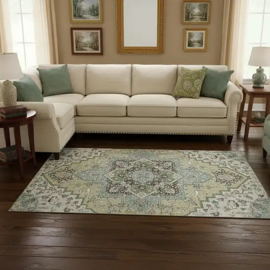 Beige Sage And Ivory Oriental Washable Area Rug With UV Protection Photo 2