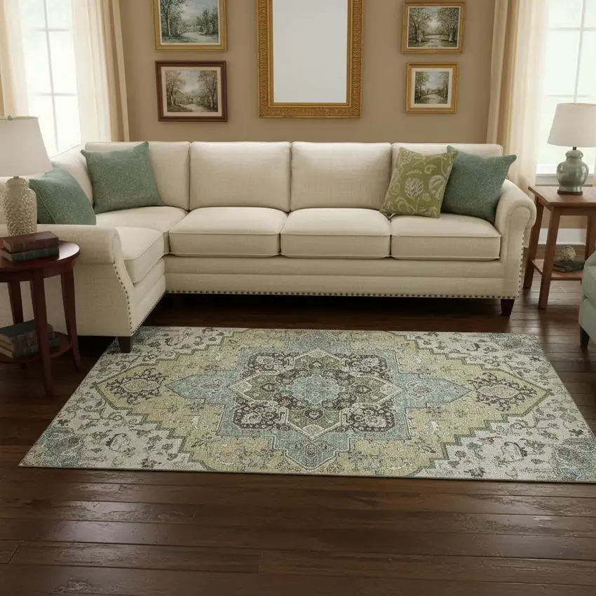 Beige Sage And Ivory Oriental Washable Area Rug With UV Protection Photo 2