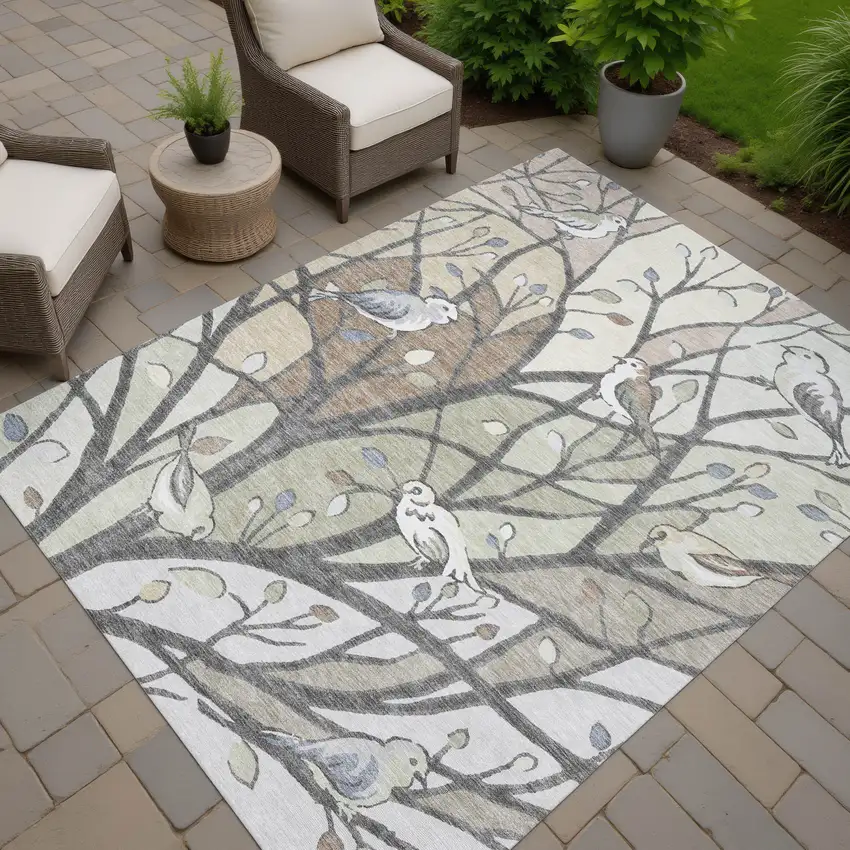 Beige Sage And Khaki Botanical Leaves Washable Indoor Outdoor Area Rug Photo 7
