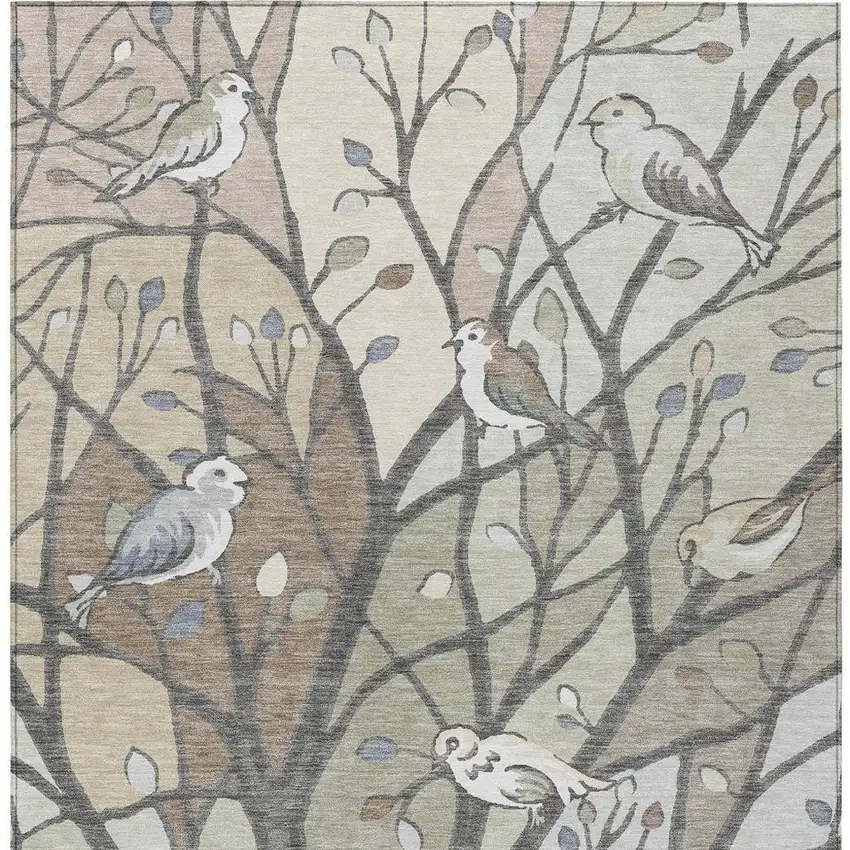 Beige Sage And Khaki Botanical Leaves Washable Indoor Outdoor Area Rug Photo 6