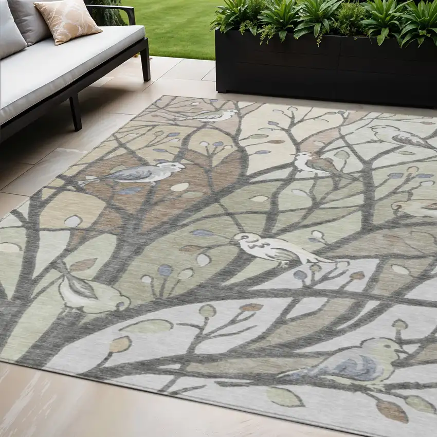 Beige Sage And Khaki Botanical Leaves Washable Indoor Outdoor Area Rug Photo 1
