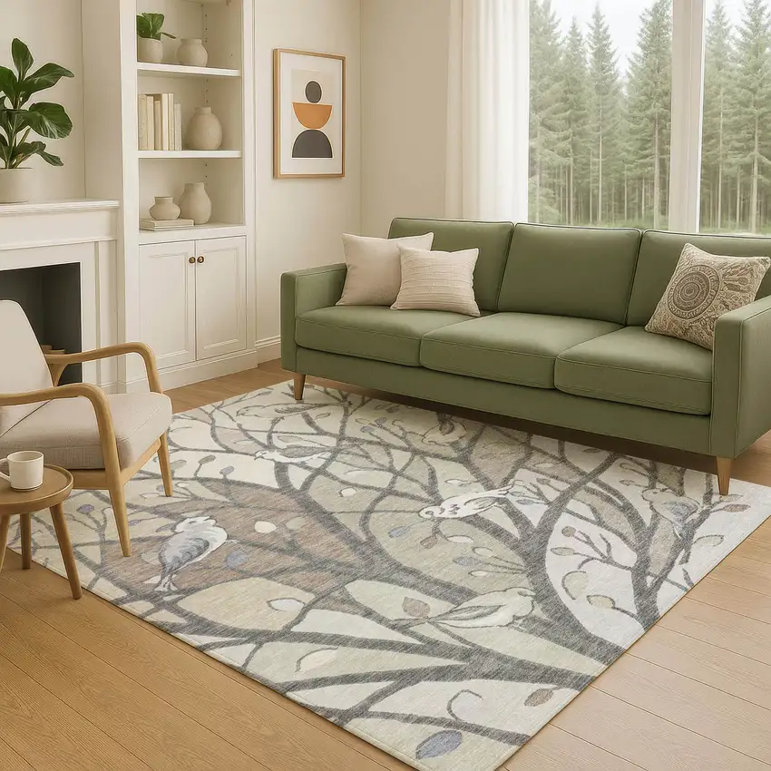 Beige Sage And Khaki Botanical Leaves Washable Indoor Outdoor Area Rug Photo 8