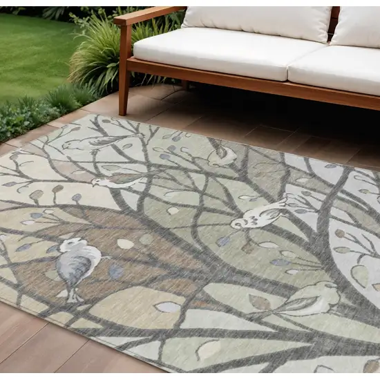Beige Sage And Khaki Botanical Leaves Washable Indoor Outdoor Area Rug Photo 1