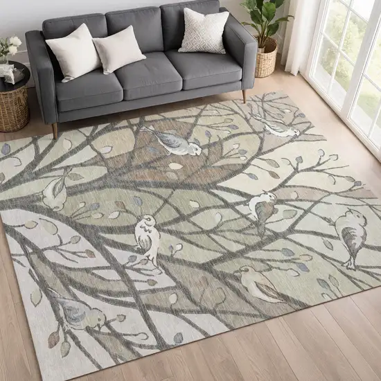 Beige Sage And Khaki Botanical Leaves Washable Indoor Outdoor Area Rug Photo 9