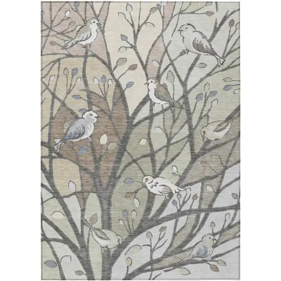 Beige Sage And Khaki Botanical Leaves Washable Indoor Outdoor Area Rug Photo 2