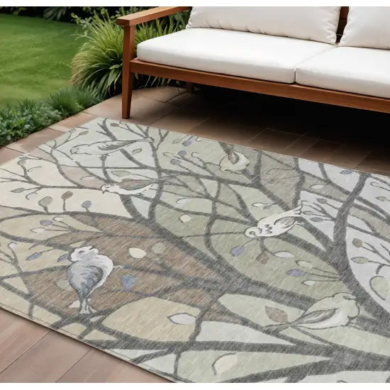 Beige Sage And Khaki Botanical Leaves Washable Indoor Outdoor Area Rug Photo 1