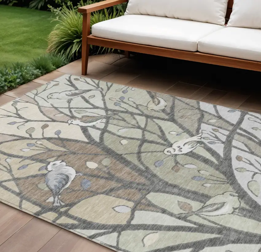 Beige Sage And Khaki Botanical Leaves Washable Indoor Outdoor Area Rug Photo 1