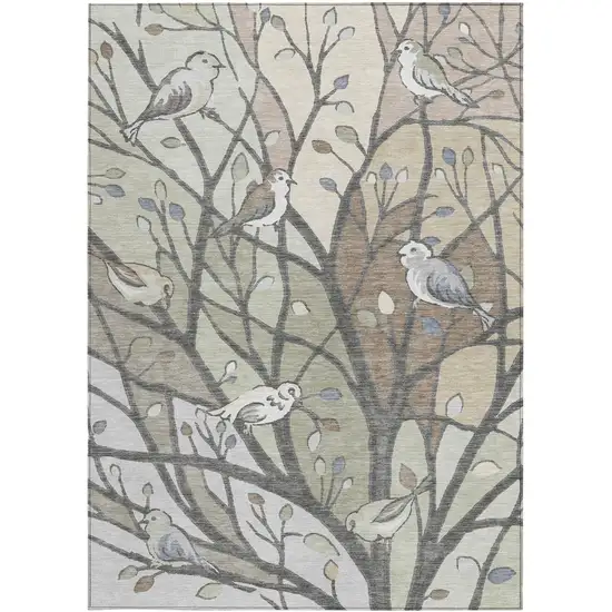 Beige Sage And Khaki Botanical Leaves Washable Indoor Outdoor Area Rug Photo 4
