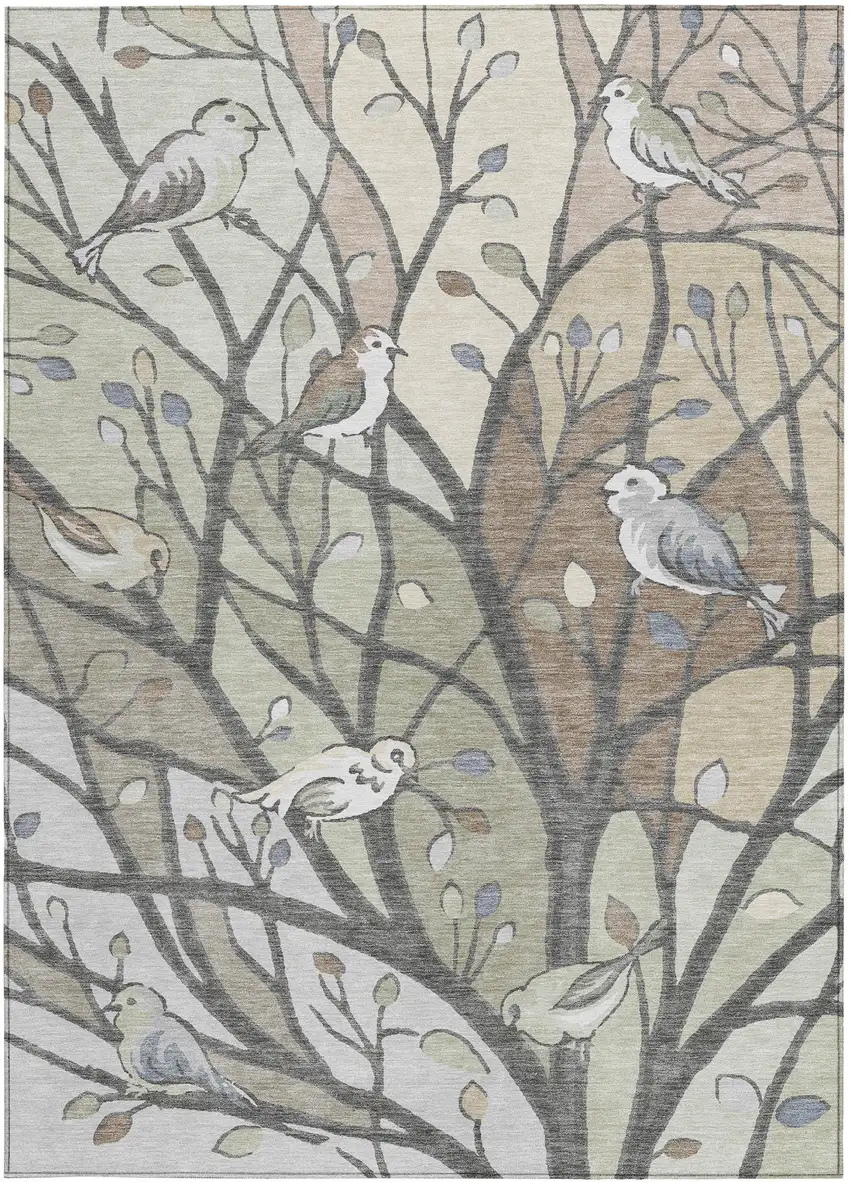 Beige Sage And Khaki Botanical Leaves Washable Indoor Outdoor Area Rug Photo 4