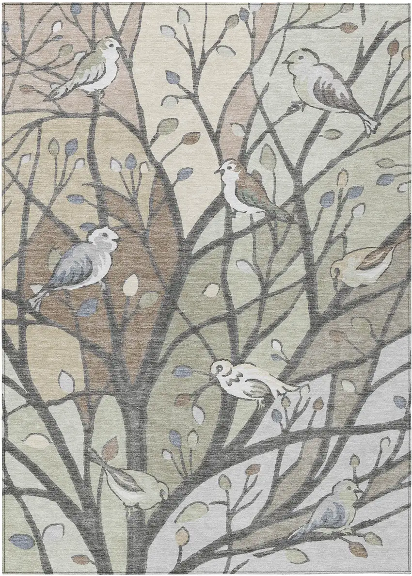 Beige Sage And Khaki Botanical Leaves Washable Indoor Outdoor Area Rug Photo 2