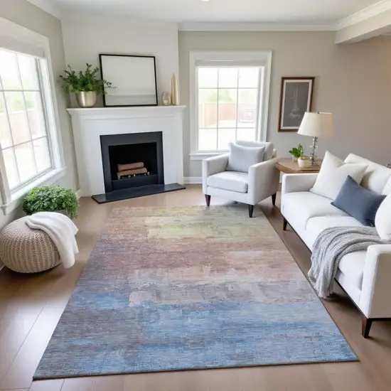 Beige Salmon And Blue Abstract Washable Area Rug With UV Protection Photo 2