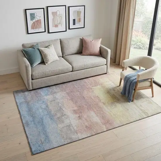 Beige Salmon And Blue Abstract Washable Area Rug With UV Protection Photo 1