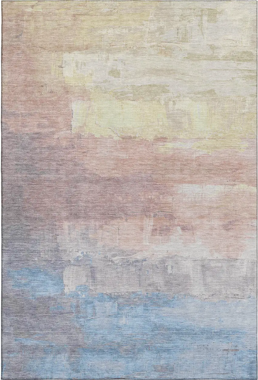 Beige Salmon And Blue Abstract Washable Area Rug With UV Protection Photo 3
